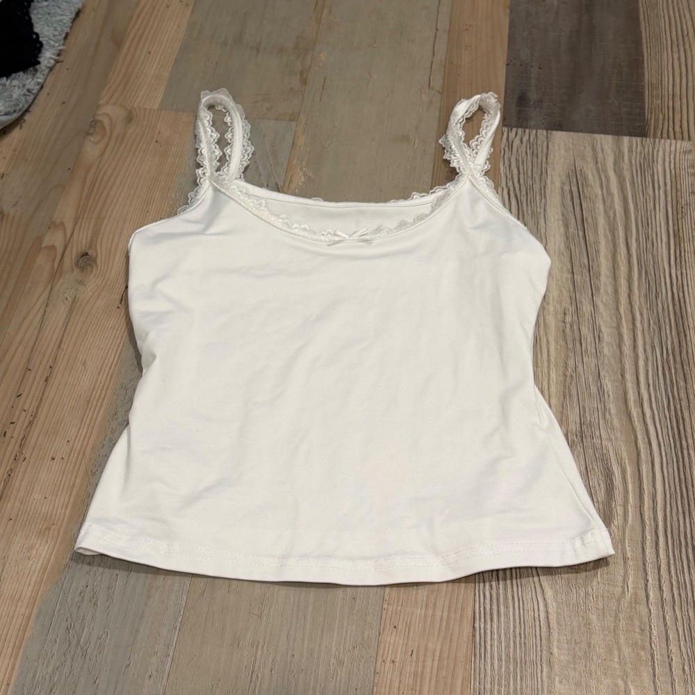 White Lace Trim Cami Tank Top Bow Detail Sleeveless Layering Shirt
